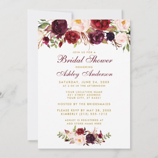 Bourgogne Floral Gold Bridal Show Invitation BW (Devant)