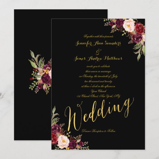 Bourgogne Floral Gold Foil Black Faire-part de mar (Devant / Derrière)