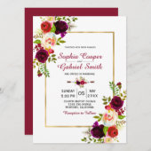 Bourgogne Floral Gold Frame Faire-part de mariage (Devant / Derrière)