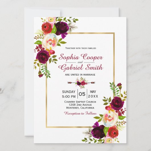 Bourgogne Floral Gold Frame Faire-part de mariage (Devant)