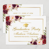 Bourgogne Floral Gold Frame Invitation de la fête (Devant / Derrière)
