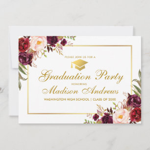 Bourgogne Floral Gold Frame Invitation de la fête