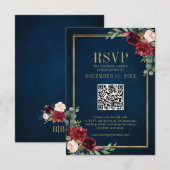 Bourgogne Floral Gold Frame Navy Blue QR code RSVP (Devant / Derrière)