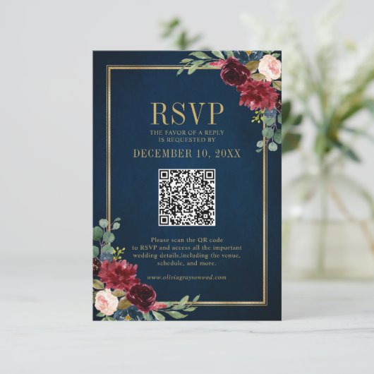 Bourgogne Floral Gold Frame Navy Blue QR code RSVP (Debout devant)