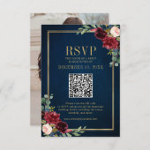 Bourgogne Floral Gold Frame Navy Blue QR code RSVP (Devant / Derrière)