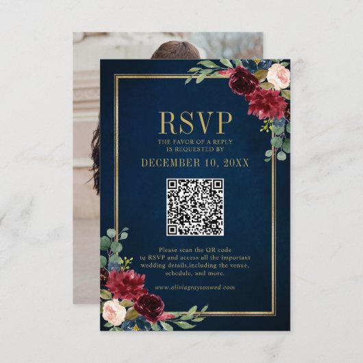 Bourgogne Floral Gold Frame Navy Blue QR code RSVP (Devant / Derrière)