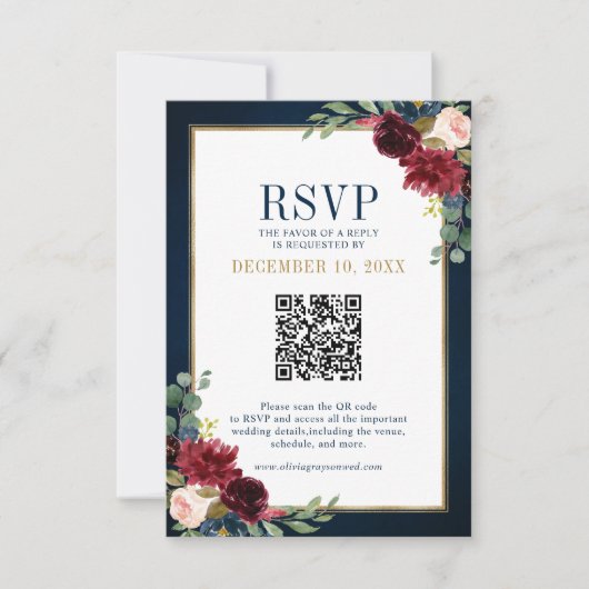 Bourgogne Floral Gold Frame Navy Blue QR code RSVP (Devant)