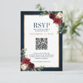 Bourgogne Floral Gold Frame Navy Blue QR code RSVP (Debout devant)