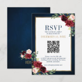Bourgogne Floral Gold Frame Navy Blue QR code RSVP (Devant / Derrière)