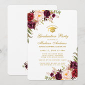 Bourgogne Floral Gold Graduation Party Invitation  (Devant / Derrière)