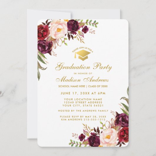 Bourgogne Floral Gold Graduation Party Invitation  (Devant)