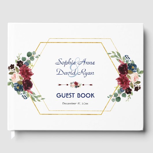Bourgogne Floral Gold Hexagon Lijst Weddenschap Gastenboek (Voorkant)