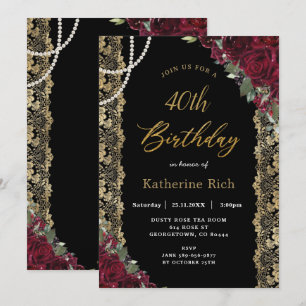  Bourgogne Floral Gold Lace Pearls Birthday Kaart