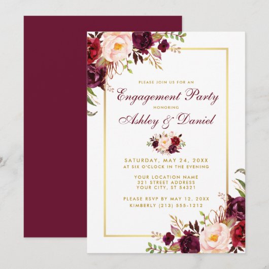 Bourgogne Floral Gold Mariage Invitation Fiançaill (Devant / Derrière)