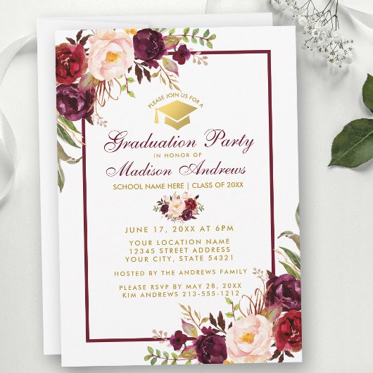 Bourgogne Floral Gold Party Invitation