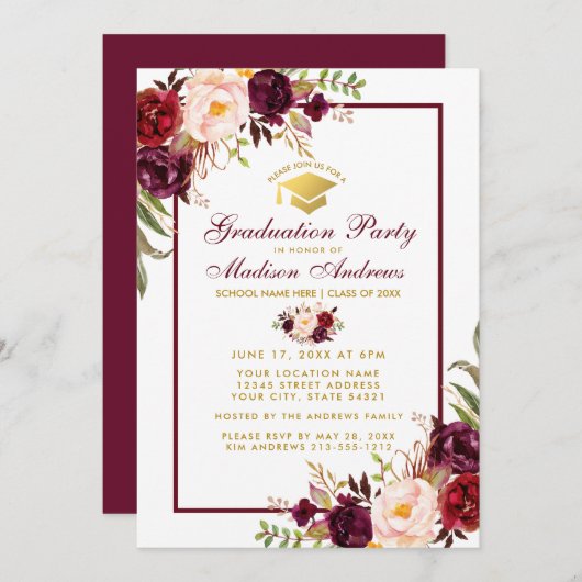 Bourgogne Floral Gold Party Invitation B (Devant / Derrière)