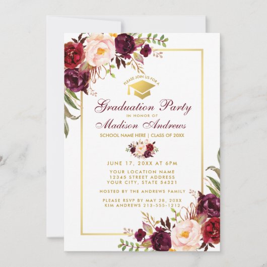 Bourgogne Floral Gold Party Invitation G (Devant)