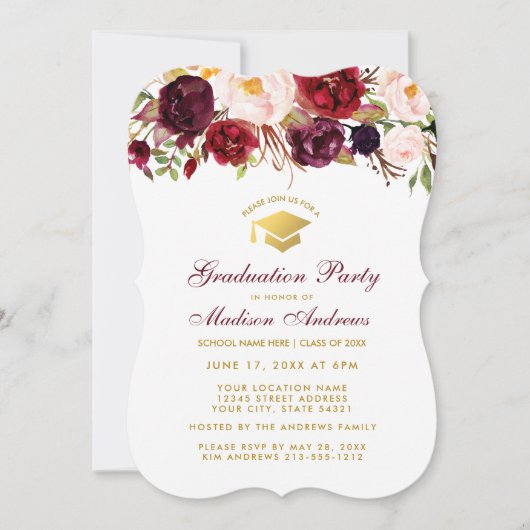 Bourgogne Floral Graduation Party Gold Invitation  (Devant)