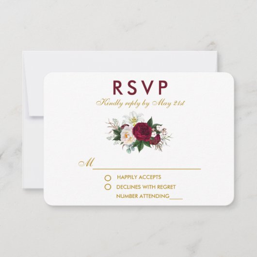 Bourgogne Floral Greenery Mariage Gold RSVP (Devant)