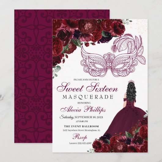 Bourgogne Floral Masquerade Sweet 16 Invitation (Devant / Derrière)