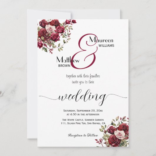 Bourgogne Floral Modern Script Wedding Kaart (Voorkant)