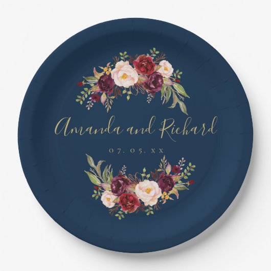 Bourgogne Floral Navy Blue Gold Engagement Party Papieren Bordje (Voorkant)