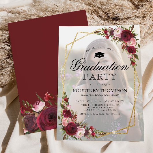 Bourgogne Floral Photo Graduation Party Invitation