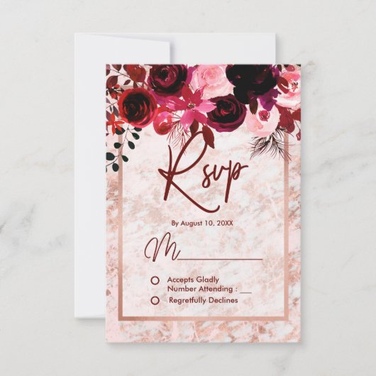 Bourgogne Floral & Rose Gold Marbled Wedding RSVP (Devant)