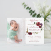 Bourgogne Floral Rose Gold Photo Faire-part de nai (Debout devant)