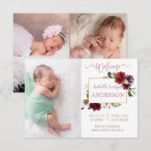 Bourgogne Floral Rose Gold Photo Faire-part de nai (Devant / Derrière)