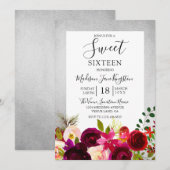 Bourgogne Floral Silver Sweet 16 Party Invitation (Devant / Derrière)
