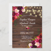 Bourgogne Floral | String Lights Hout bruiloft Kaart (Voorkant)