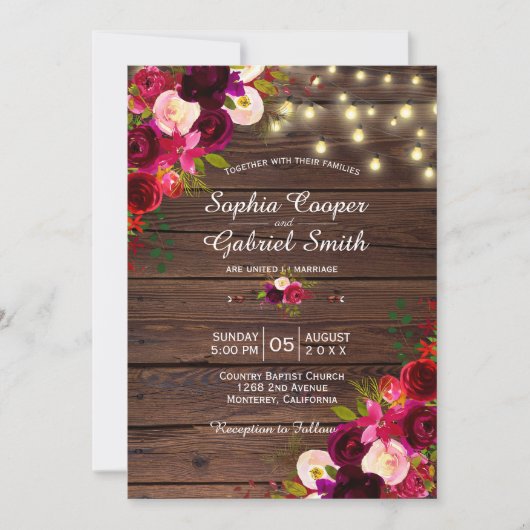 Bourgogne Floral | String Lights Hout bruiloft Kaart (Voorkant)