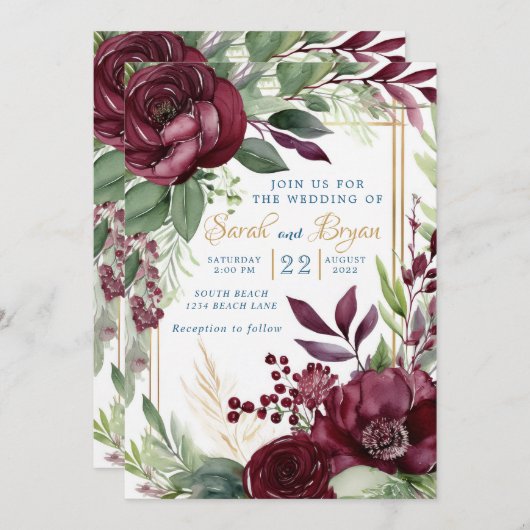 Bourgogne Floral verdure Boho Faire-part de mariag (Devant / Derrière)