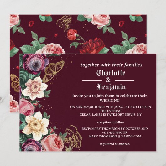  Bourgogne Floral Victoriaans Style Wedding Kaart (Voorkant / Achterkant)