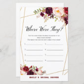 Bourgogne Floral Vrijgezellenfeest Game, bruiloft (Voorkant / Achterkant)