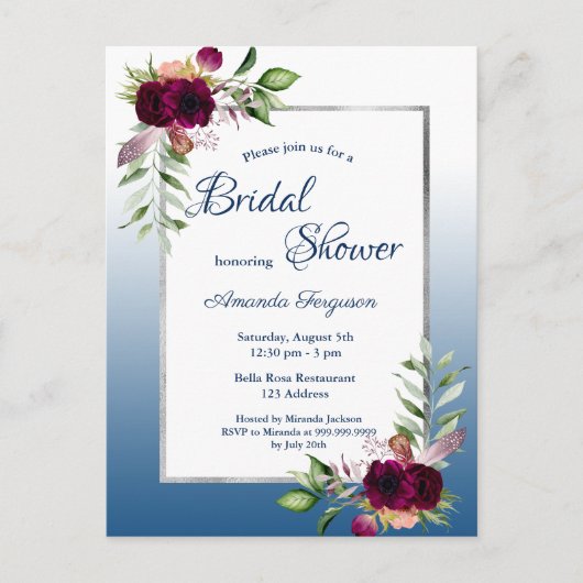 Bourgogne florales bleu nuptiale invitation (Devant)