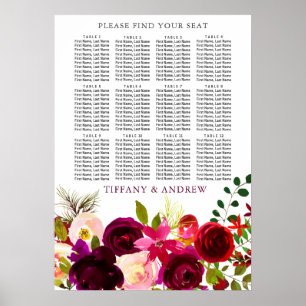 Bourgogne Flowers Wedding Seating Chart 12 Table Poster