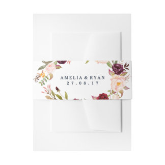Bourgogne Foral Navy Invitation Belly Band Uitnodigingen Wikkel