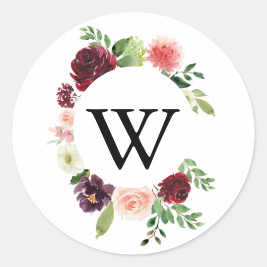 Bourgogne Geometrische Monogram Bruiloft Envelop A Ronde Sticker (Voorkant)