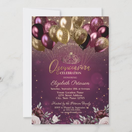 Bourgogne Glitter Ballonnen Bloemen Quinceañera Kaart (Voorkant)