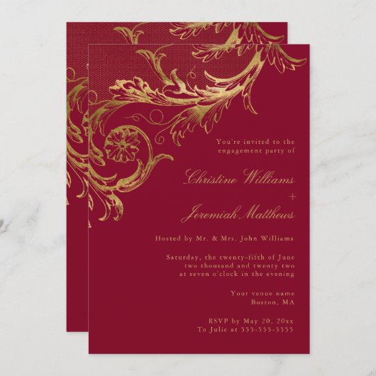 Bourgogne Gold Damask Engagement Party Kaart (Voorkant / Achterkant)