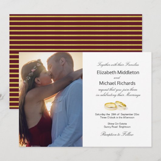 Bourgogne Gold Elegant Mariage Photo Invitation (Devant / Derrière)