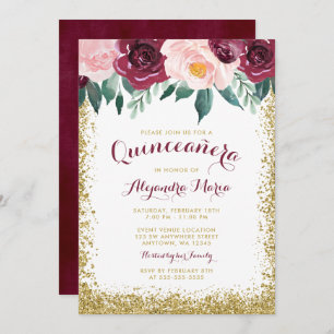 Bourgogne Gold Floral Quinceanera Invitations
