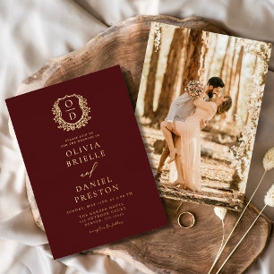 Bourgogne Gold Folie Foto Monogram Huwelijk Uitnodiging