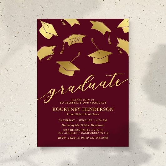 Bourgogne Gold Graduation Party Invitations