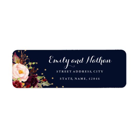 Bourgogne Gold Navy Floral Retouradres Label (Voorkant)