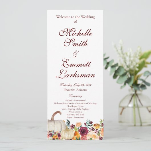 Bourgogne Gold Pumpkin Herfst herfst bruiloft Programma (Staand voorkant)