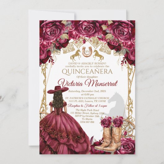 Bourgogne Gold Quinceañera Invitation (Devant)