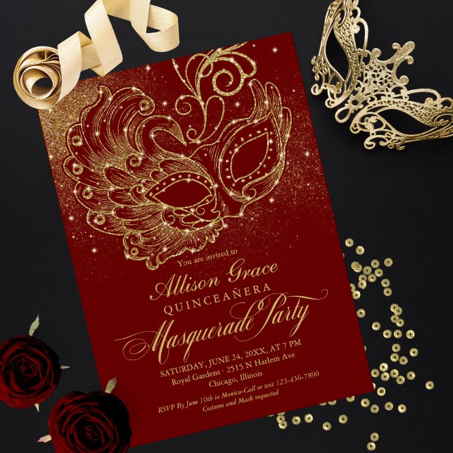 Bourgogne Gold Quinceanera Masquerade Invitation (Créateur téléchargé)